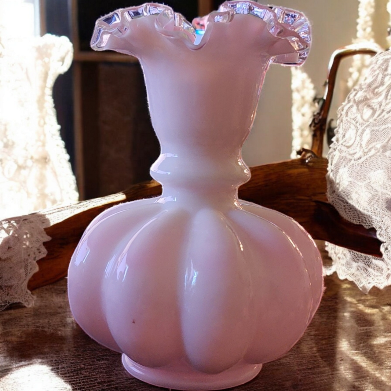Fenton Art Glass Peach Pink White Silver Crest Ruffled Melon large vase