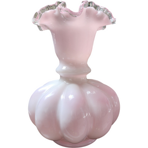 Fenton Art Glass Peach Pink White Silver Crest Ruffled Melon large vase