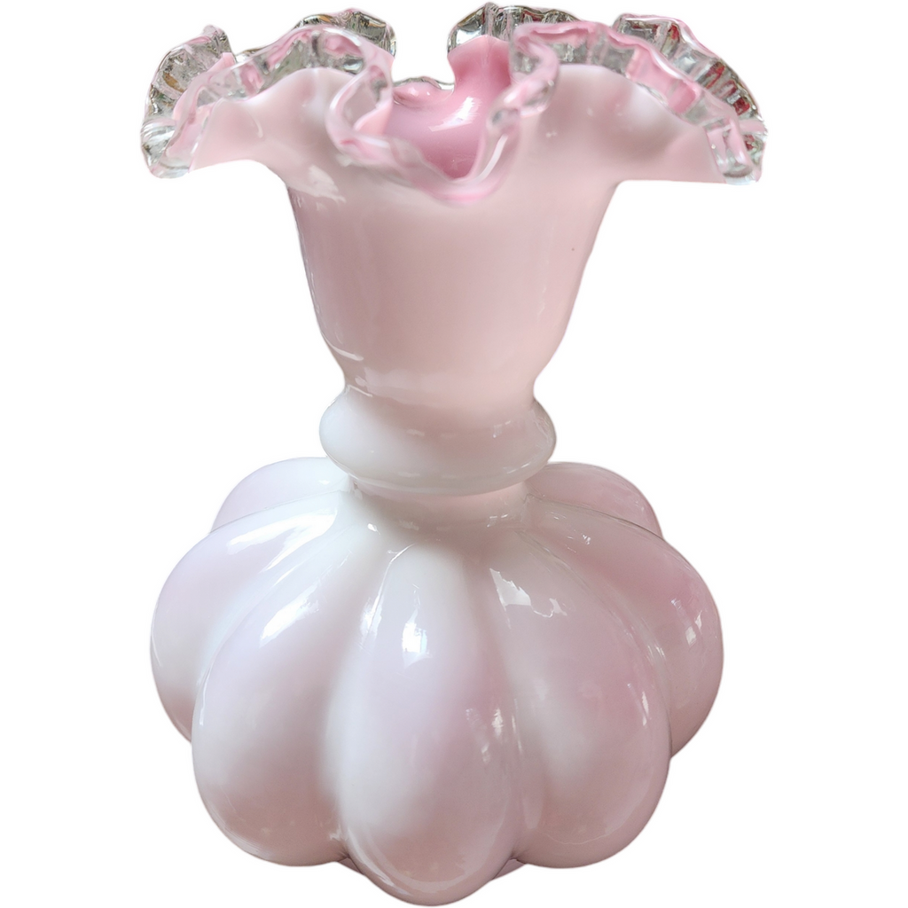 Fenton Art Glass Peach Pink White Silver Crest Ruffled Melon large vase