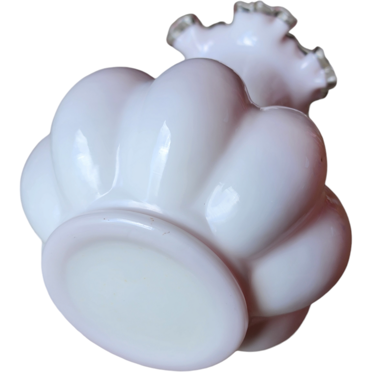 Fenton Art Glass Peach Pink White Silver Crest Ruffled Melon large vase
