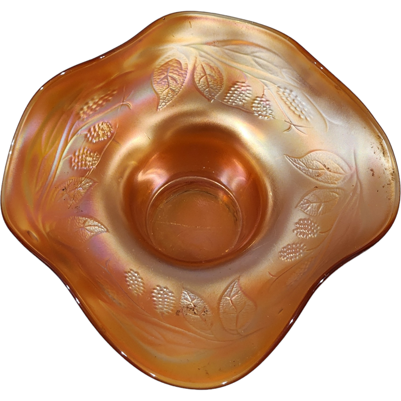 Fenton Blackberry Spray Marigold Carnival Glass Bon Bon Dish