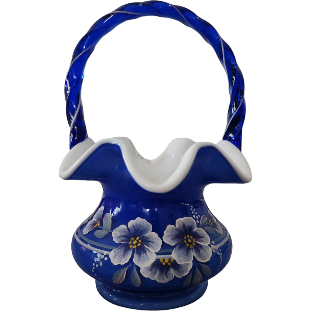 Fenton Blue Glass Basket Twisted Handle Hand-Painted Floral Design