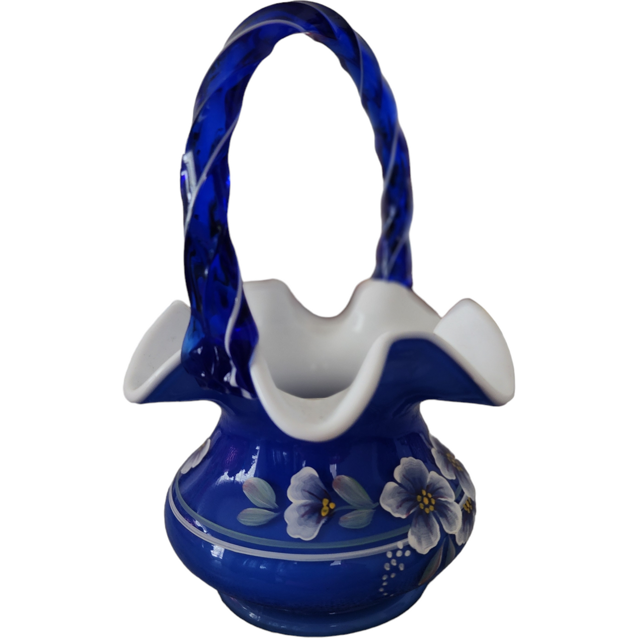 Fenton Blue Glass Basket Twisted Handle Hand-Painted Floral Design