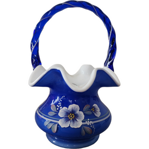 Fenton Blue Glass Basket Twisted Handle Hand-Painted Floral Design