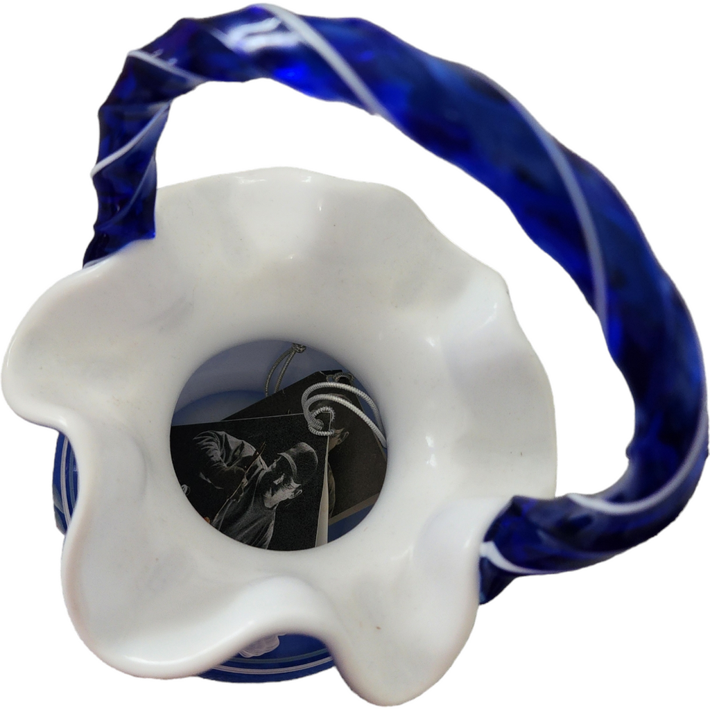 Fenton Blue Glass Basket Twisted Handle Hand-Painted Floral Design