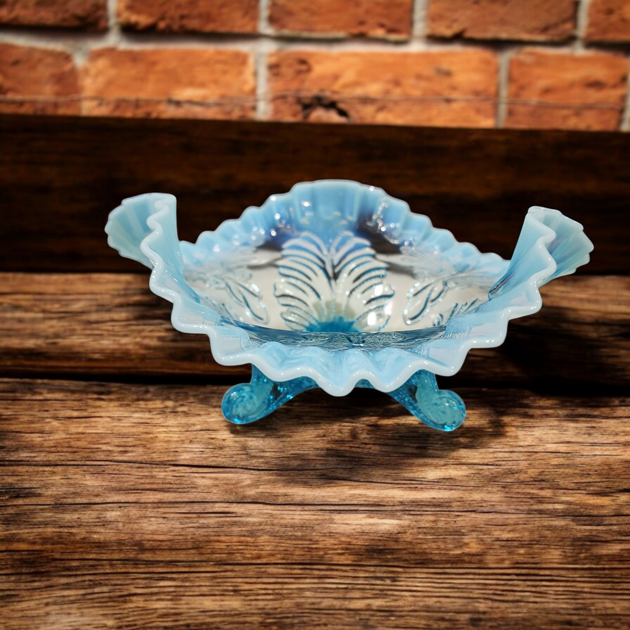 Fenton or Dugan Blue Opalescent Fern Glass Bowl with Ruffled Edge & Three Feet Vintage Art Glass