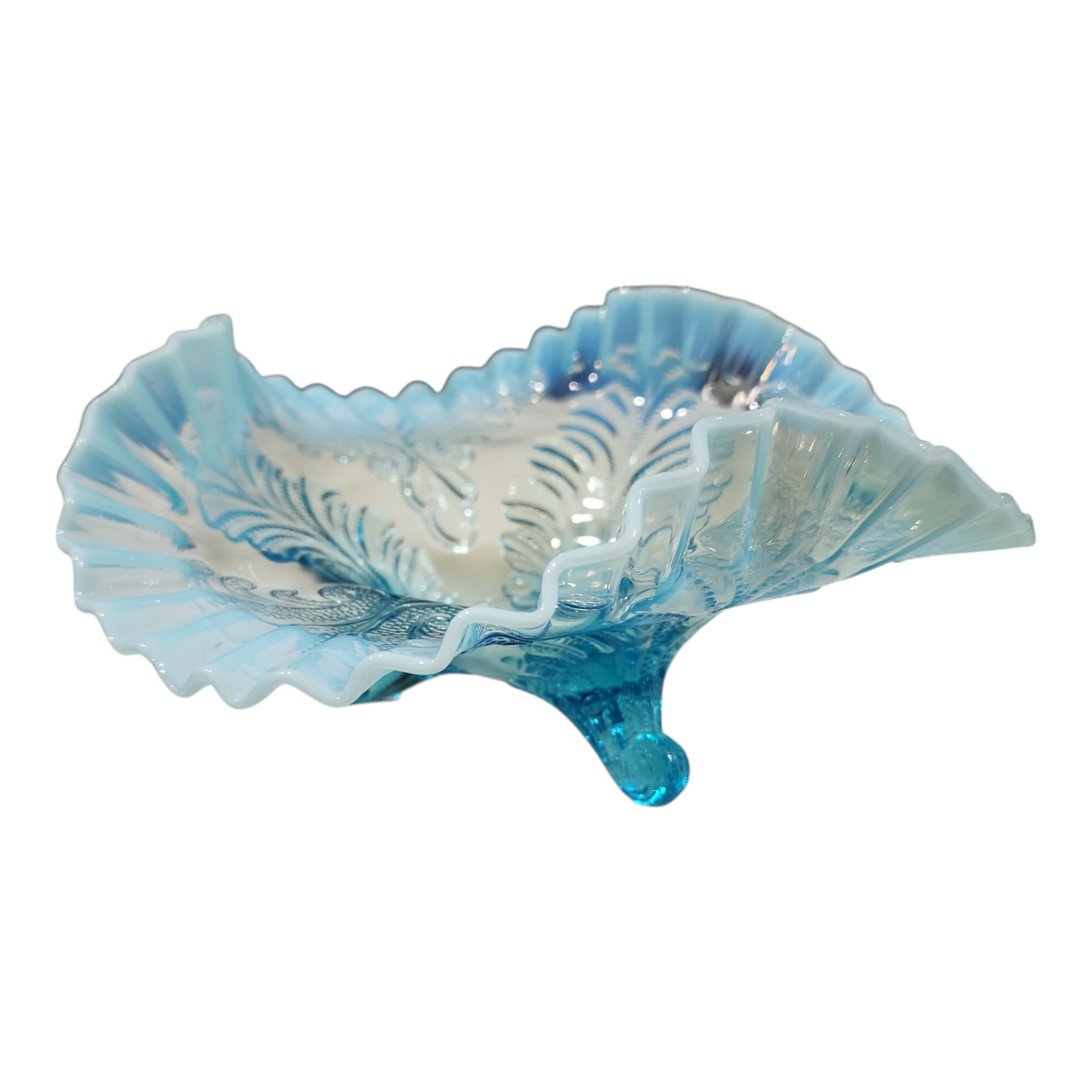 Fenton or Dugan Blue Opalescent Fern Glass Bowl with Ruffled Edge & Three Feet Vintage Art Glass