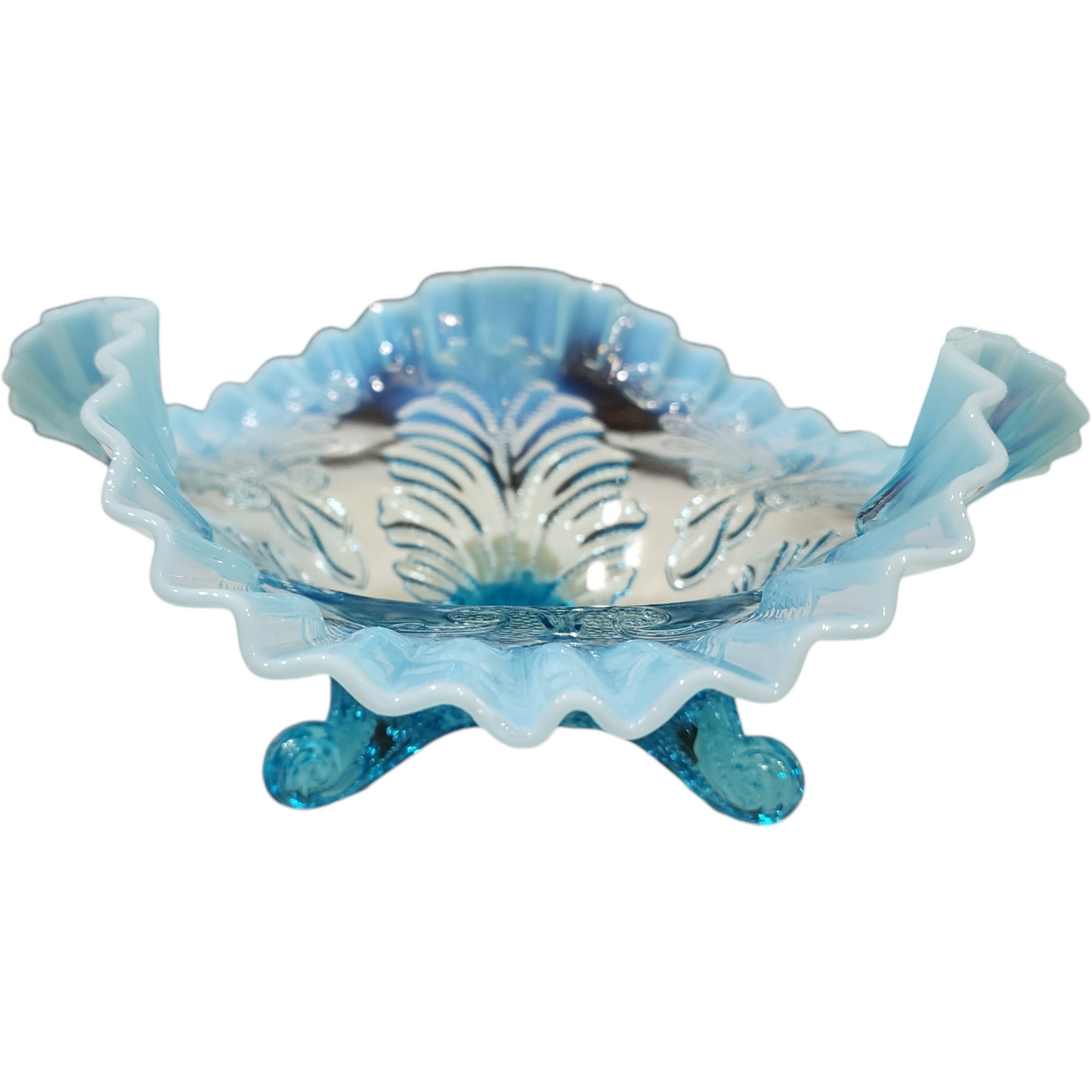 Fenton or Dugan Blue Opalescent Fern Glass Bowl with Ruffled Edge & Three Feet Vintage Art Glass