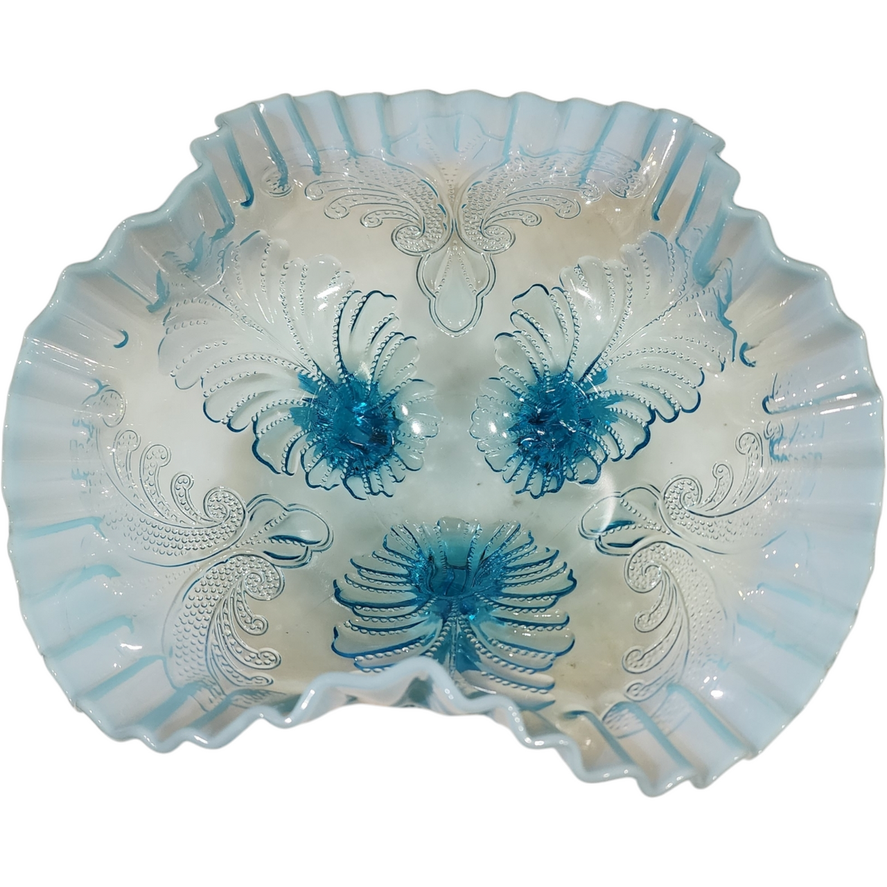 Fenton or Dugan Blue Opalescent Fern Glass Bowl with Ruffled Edge & Three Feet Vintage Art Glass