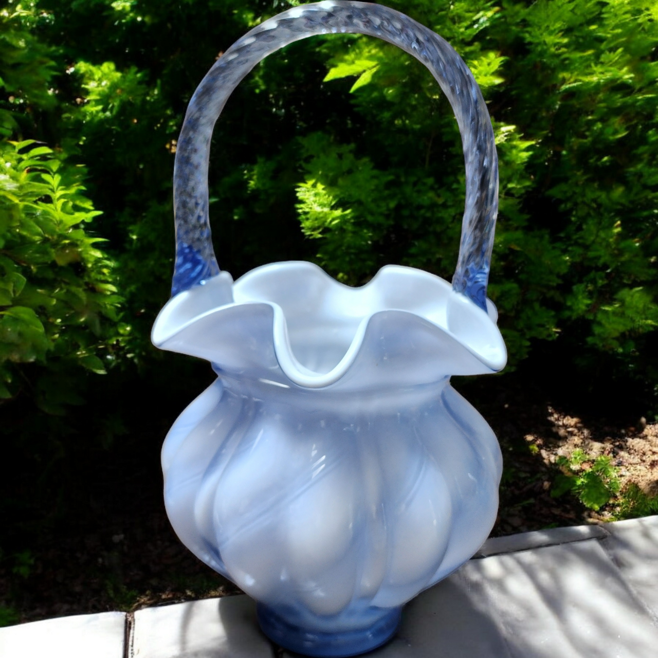 8" Fenton Art Glass Blue Overlay Spiral Optic Melon Basket Vase