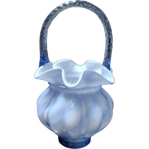 8" Fenton Art Glass Blue Overlay Spiral Optic Melon Basket Vase
