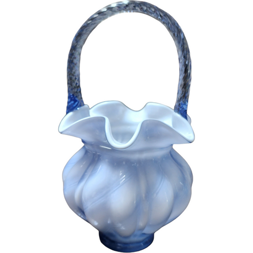 8" Fenton Art Glass Blue Overlay Spiral Optic Melon Basket Vase