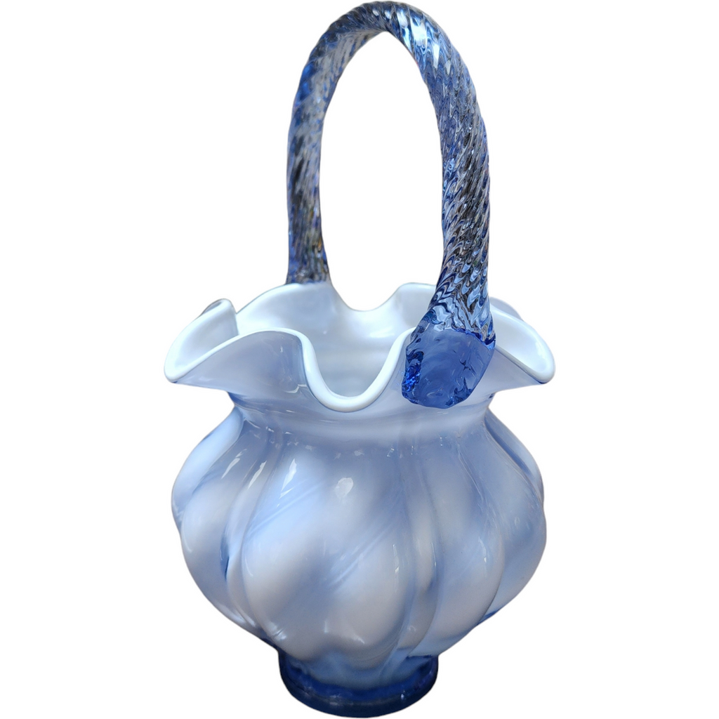 8" Fenton Art Glass Blue Overlay Spiral Optic Melon Basket Vase