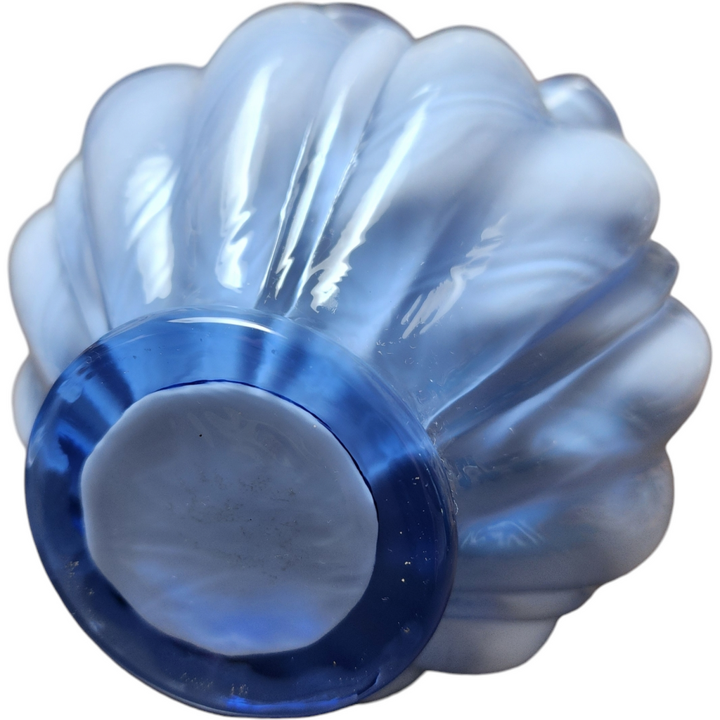 8" Fenton Art Glass Blue Overlay Spiral Optic Melon Basket Vase