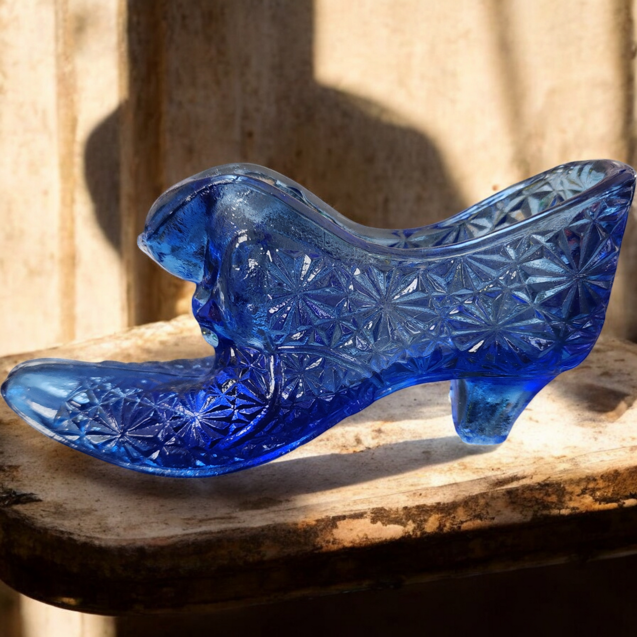 Fenton Cobalt Blue Glass Slipper with Kitten Vase