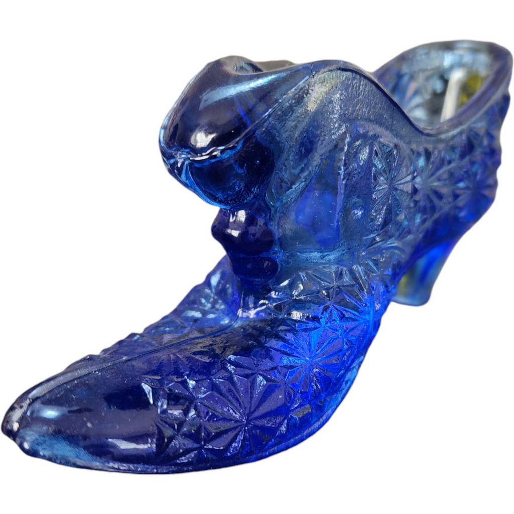 Fenton Cobalt Blue Glass Slipper with Kitten Vase