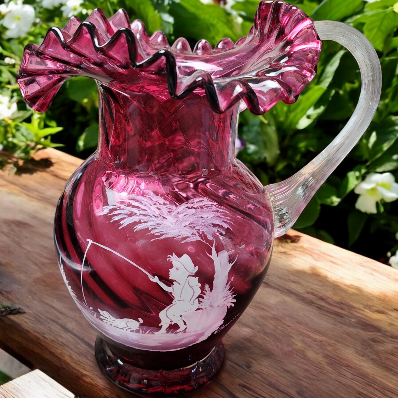 Fenton Cranberry Glass Hand-Painted Mary Gregory Ruffled Rim Pitcher