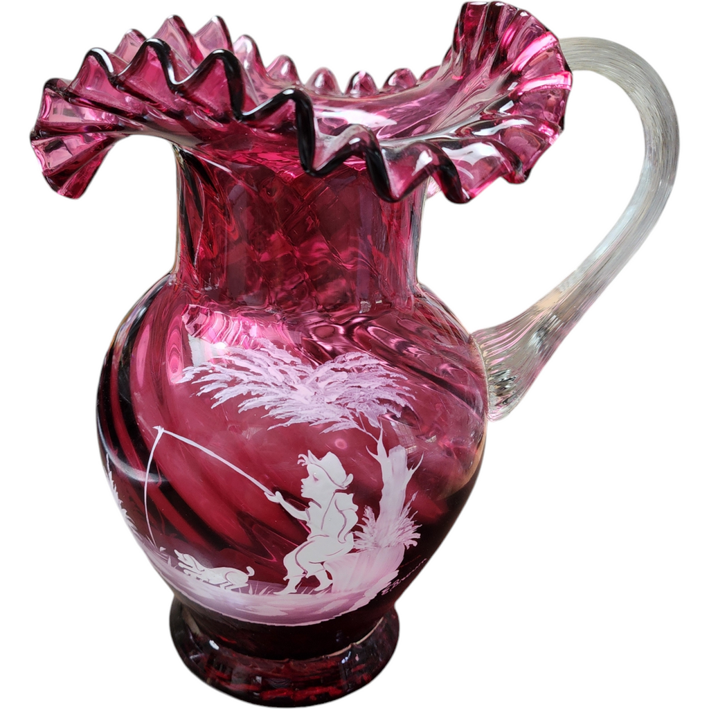 Fenton Cranberry Glass Hand-Painted Mary Gregory Ruffled Rim Pitcher