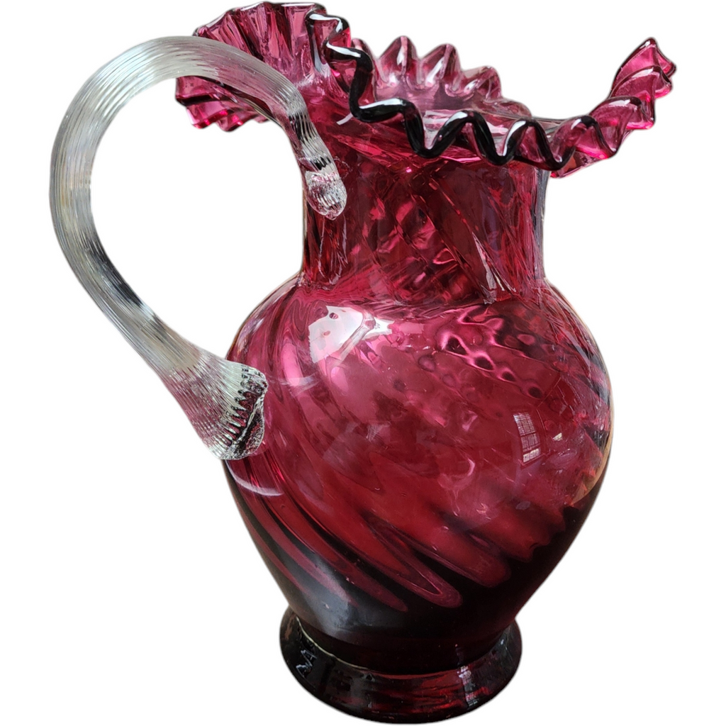 Fenton Cranberry Glass Hand-Painted Mary Gregory Ruffled Rim Pitcher