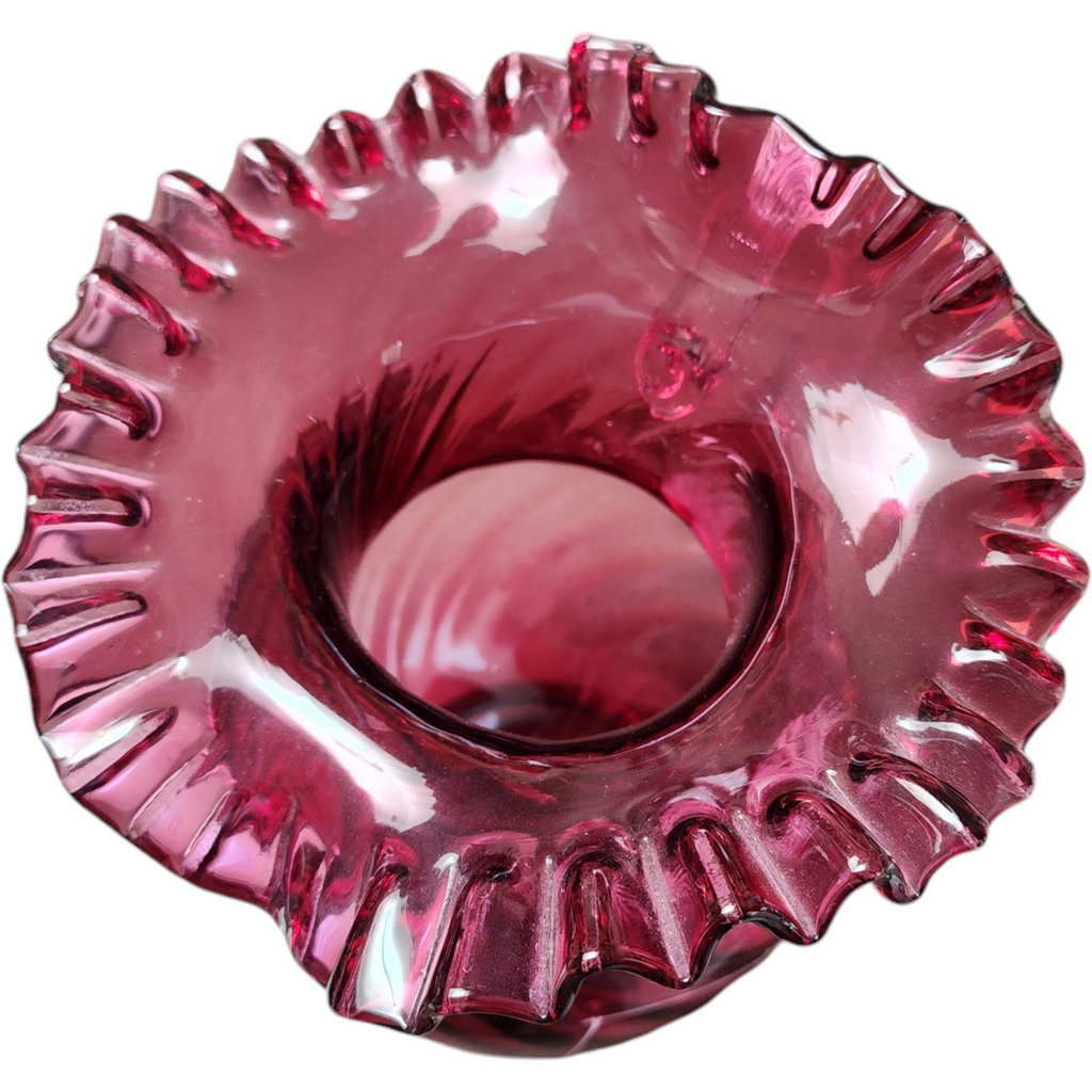 Fenton Cranberry Glass Hand-Painted Mary Gregory Ruffled Rim Pitcher
