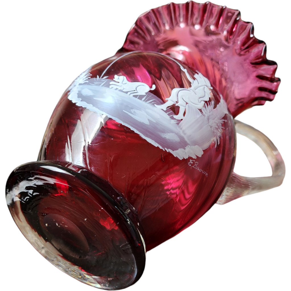 Fenton Cranberry Glass Hand-Painted Mary Gregory Ruffled Rim Pitcher