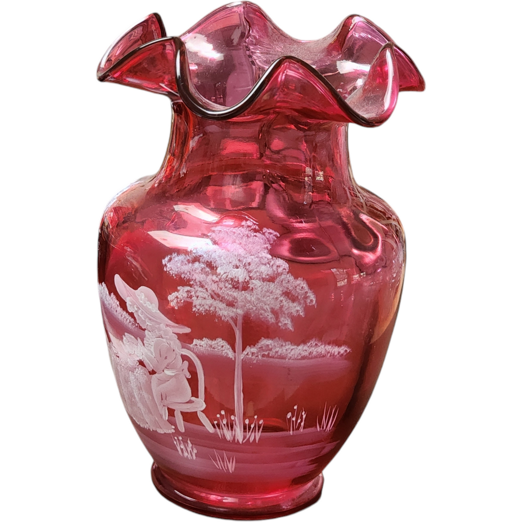 Fenton Cranberry Glass Hand-Painted Mary Gregory Ruffled Rim Vase
