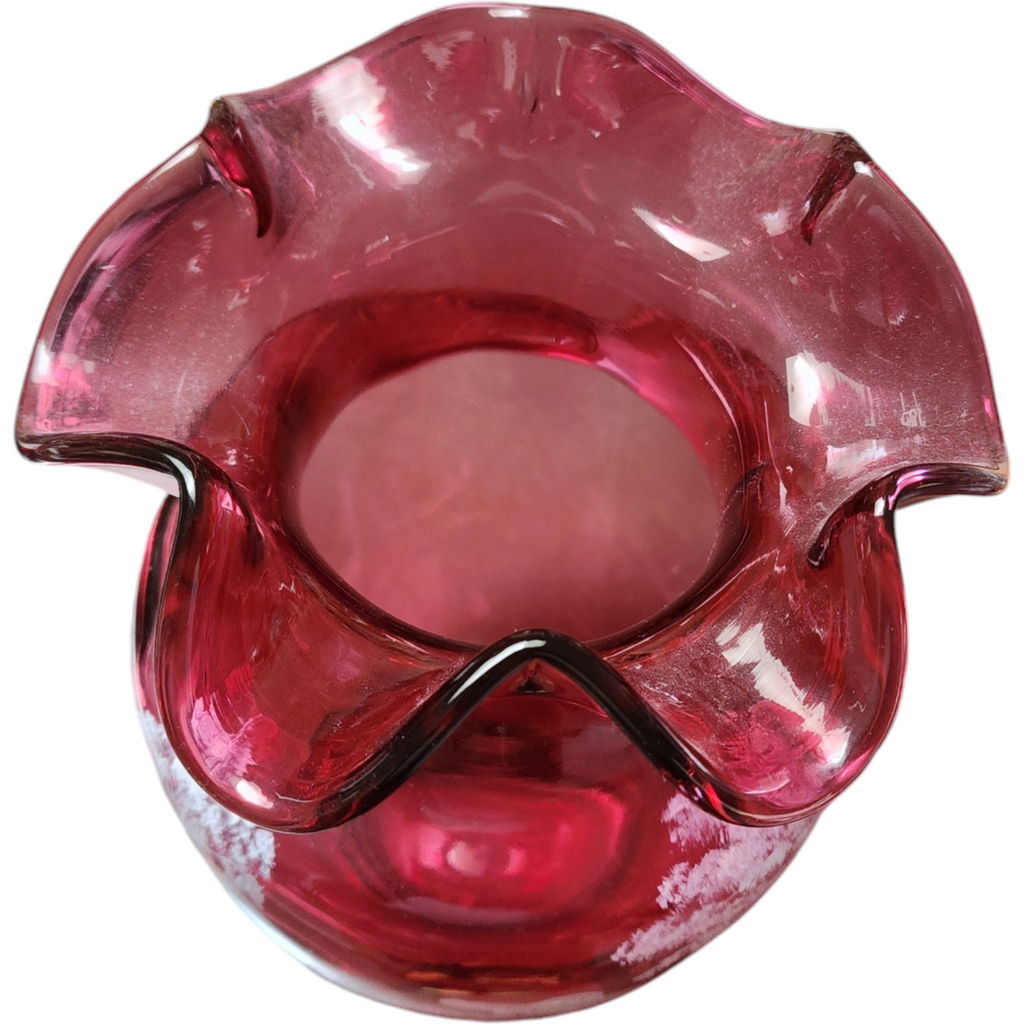 Fenton Cranberry Glass Hand-Painted Mary Gregory Ruffled Rim Vase