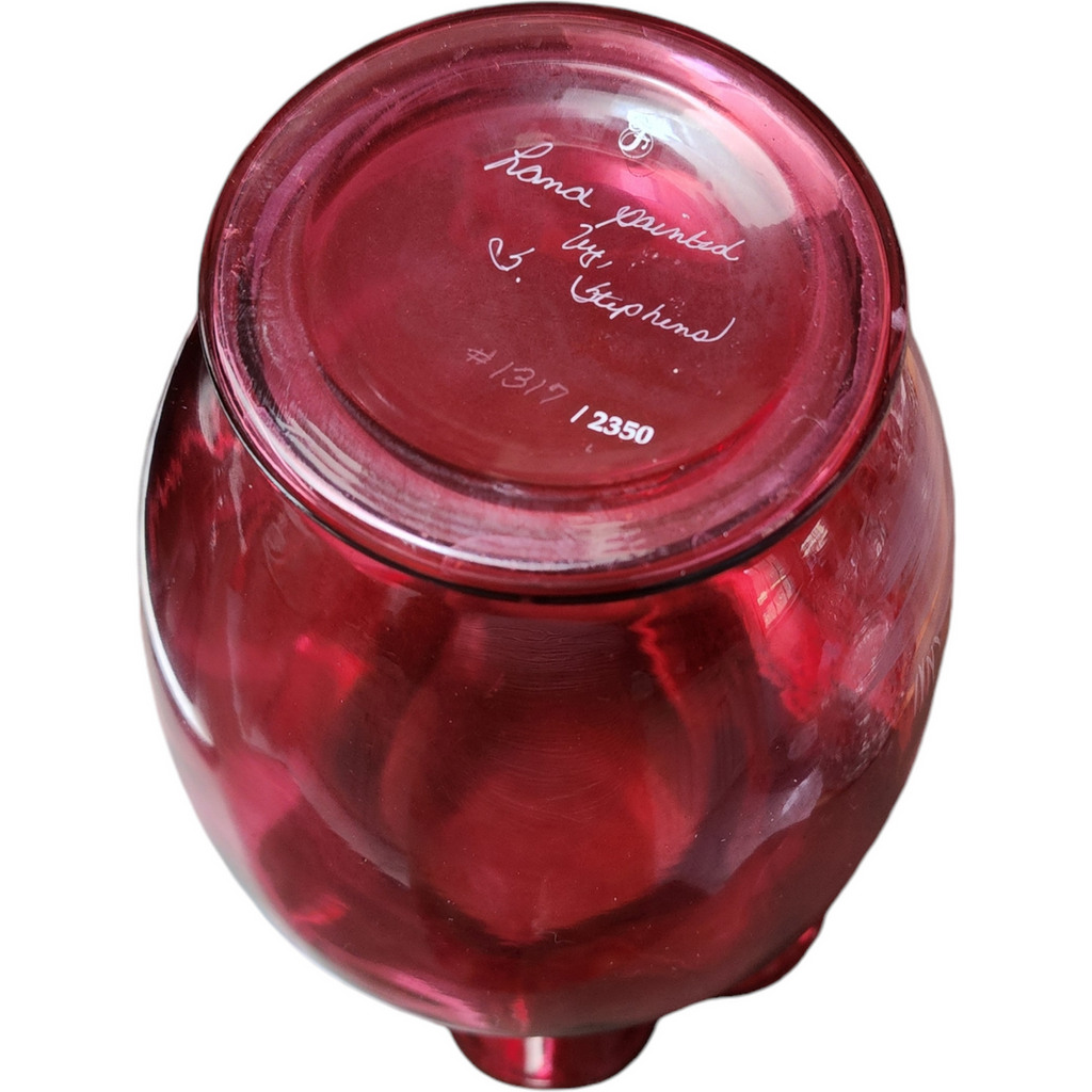 Fenton Cranberry Glass Hand-Painted Mary Gregory Ruffled Rim Vase