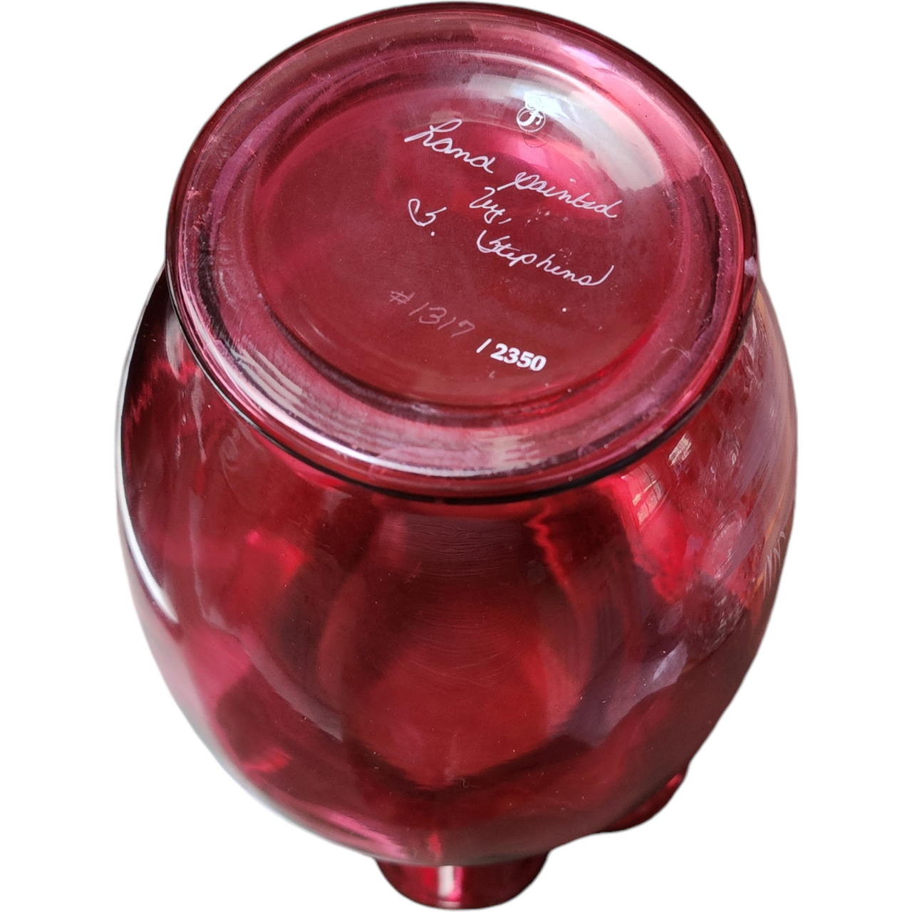 Fenton Cranberry Glass Hand-Painted Mary Gregory Ruffled Rim Vase