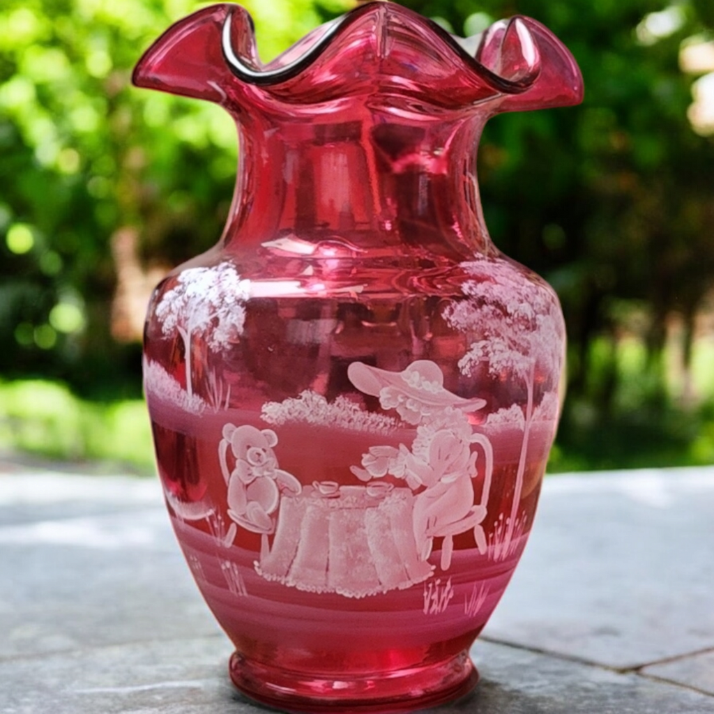 Fenton Cranberry Glass Hand-Painted Mary Gregory Ruffled Rim Vase