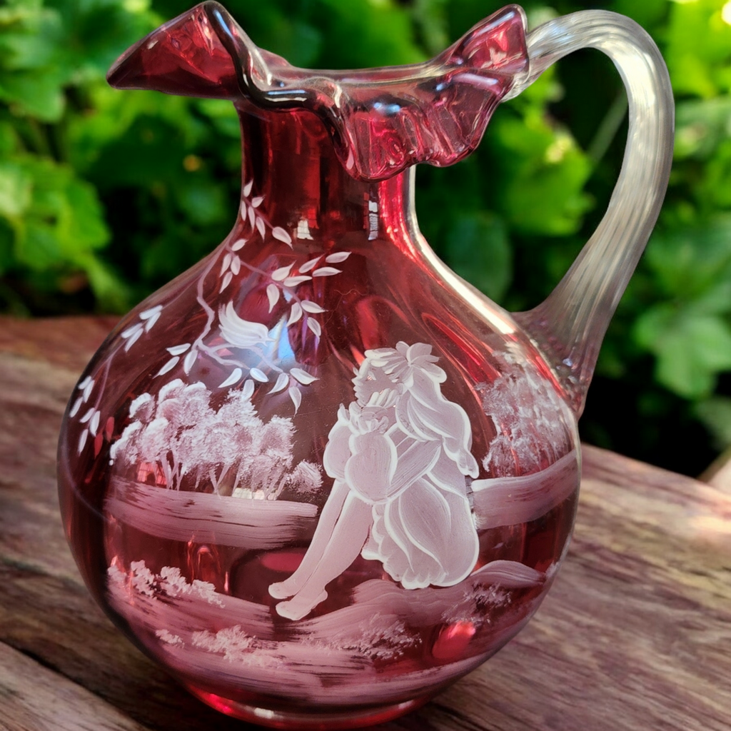 Fenton Cranberry Glass Hand-Painted Pitcher with Mary Gregory Style Enamel