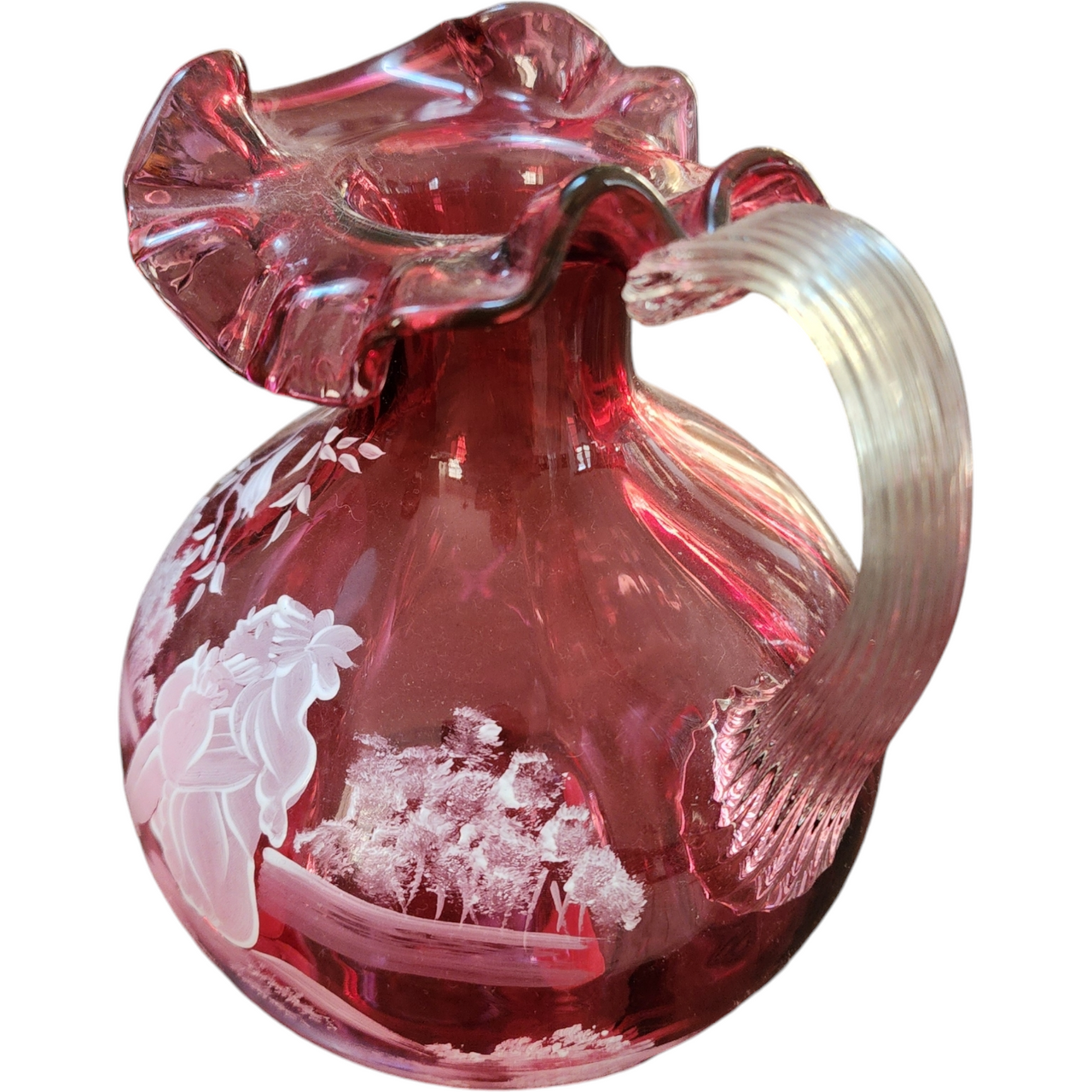 Fenton Cranberry Glass Hand-Painted Pitcher with Mary Gregory Style Enamel