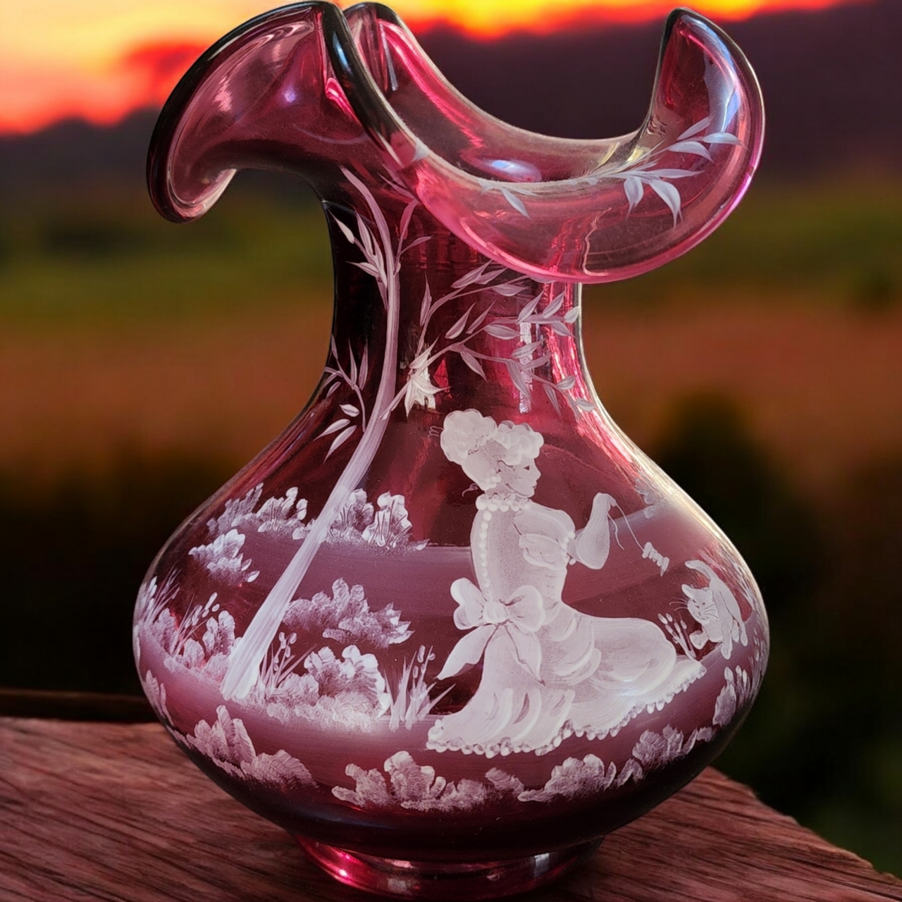 Fenton Cranberry Glass Hand-Painted Vase with Mary Gregory Style Enamel