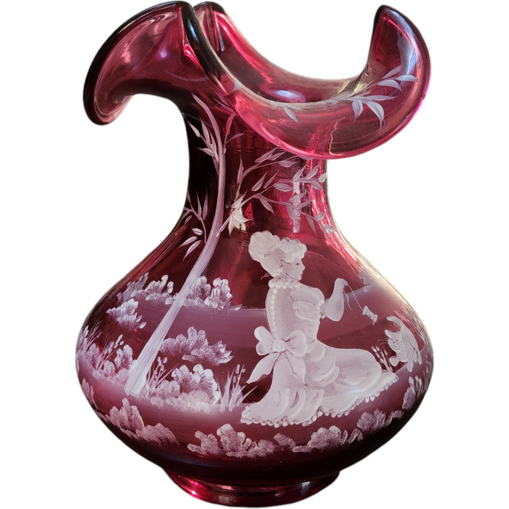 Fenton Cranberry Glass Hand-Painted Vase with Mary Gregory Style Enamel