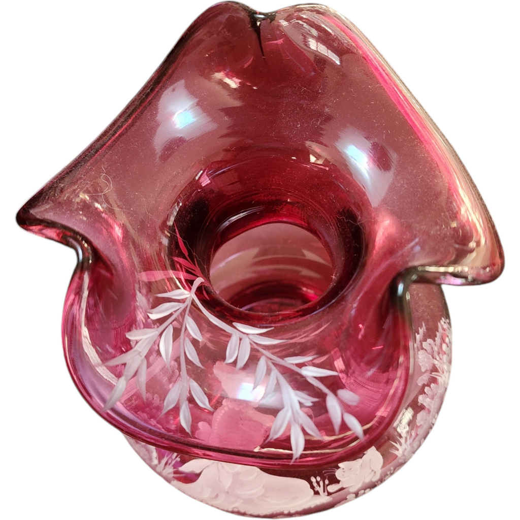 Fenton Cranberry Glass Hand-Painted Vase with Mary Gregory Style Enamel