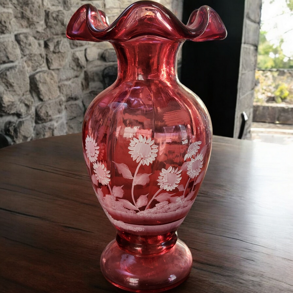 Fenton Cranberry Glass Vase with Hand-Painted White Enamel Flowers Mary Gregory