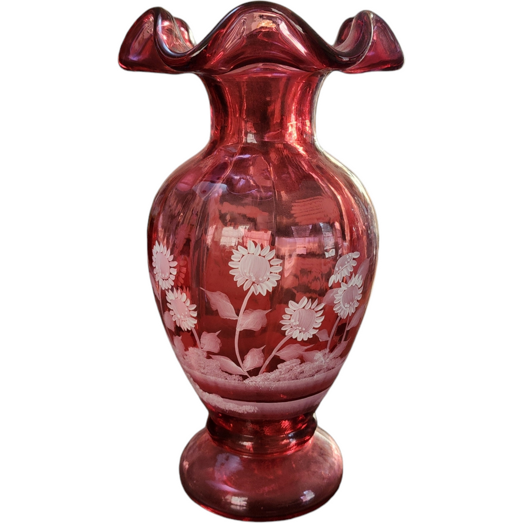 Fenton Cranberry Glass Vase with Hand-Painted White Enamel Flowers Mary Gregory
