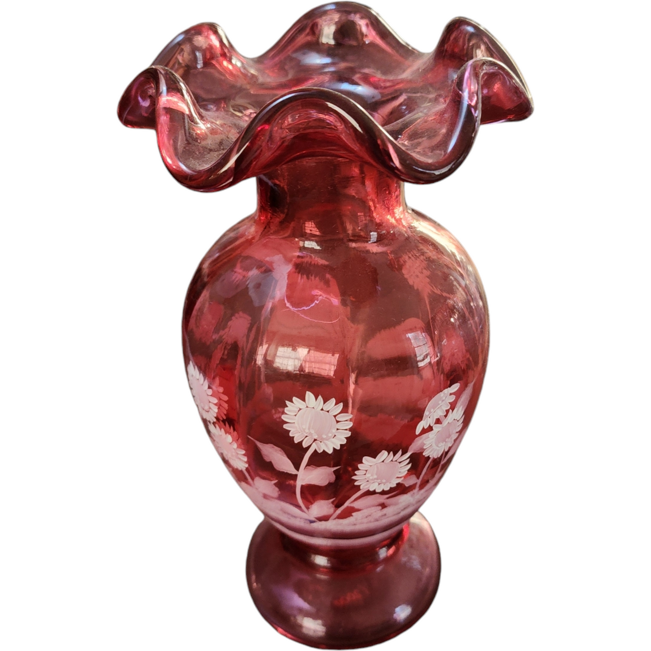 Fenton Cranberry Glass Vase with Hand-Painted White Enamel Flowers Mary Gregory