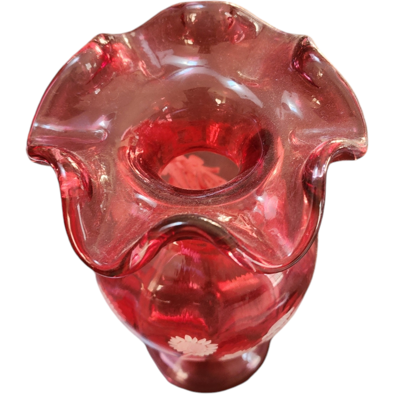 Fenton Cranberry Glass Vase with Hand-Painted White Enamel Flowers Mary Gregory