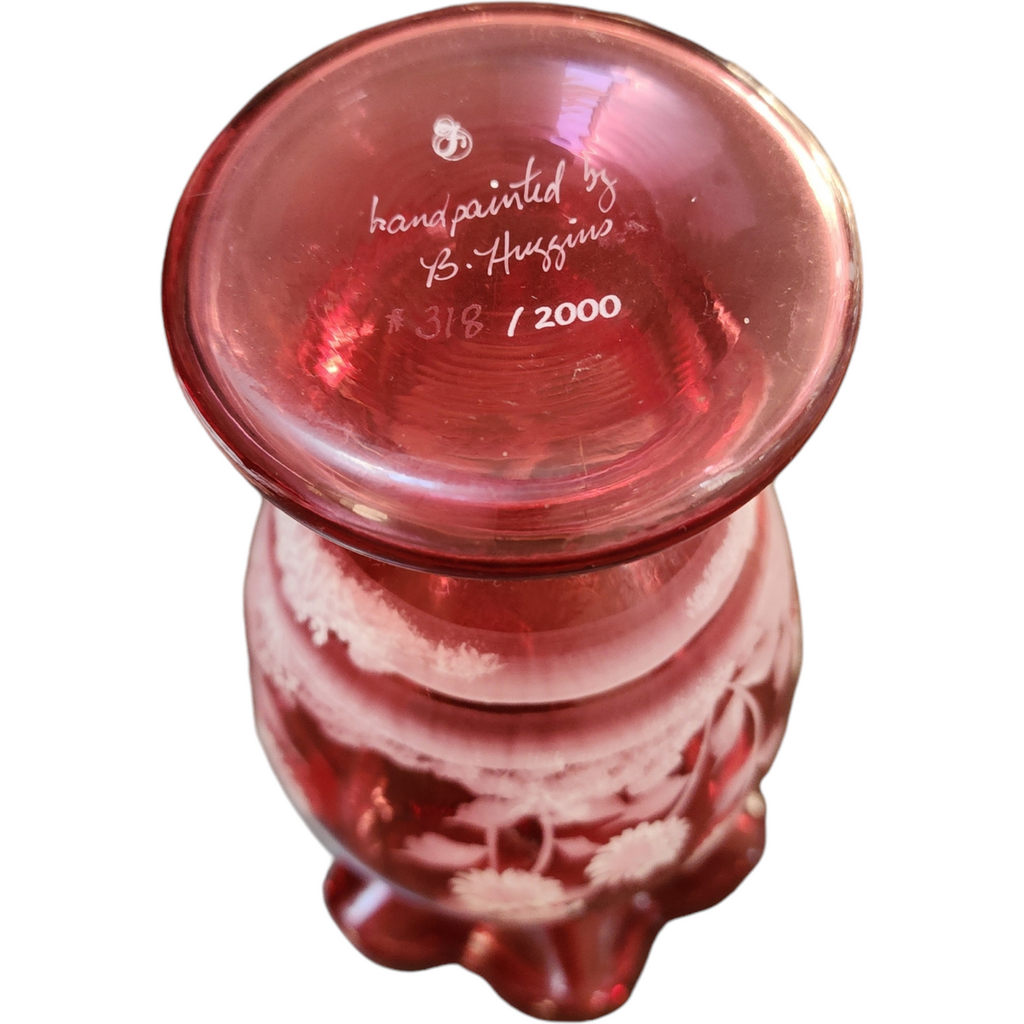 Fenton Cranberry Glass Vase with Hand-Painted White Enamel Flowers Mary Gregory