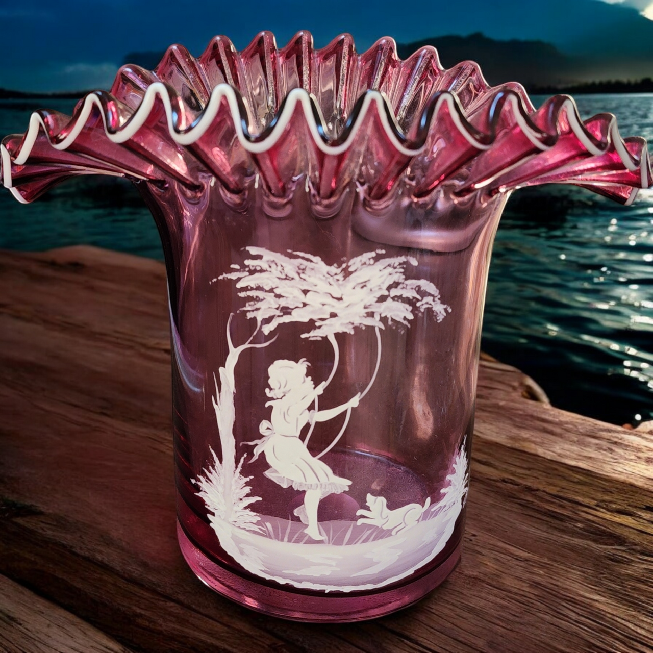 Fenton Cranberry Glass Vase with Mary Gregory Style White Enamel