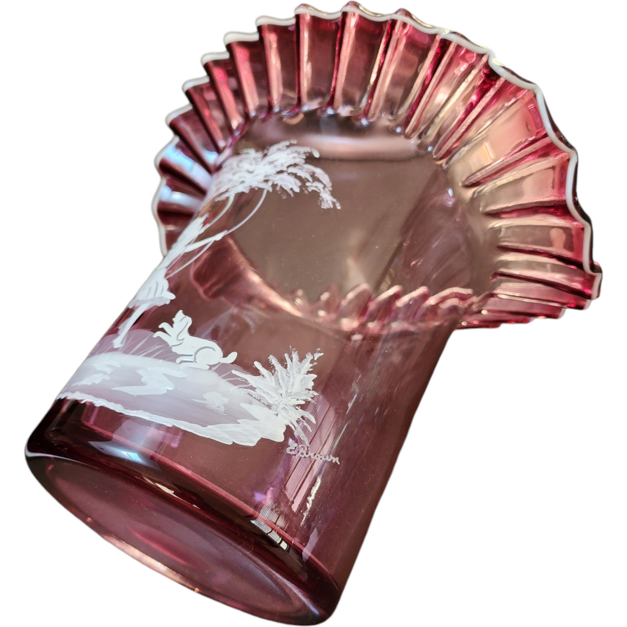 Fenton Cranberry Glass Vase with Mary Gregory Style White Enamel