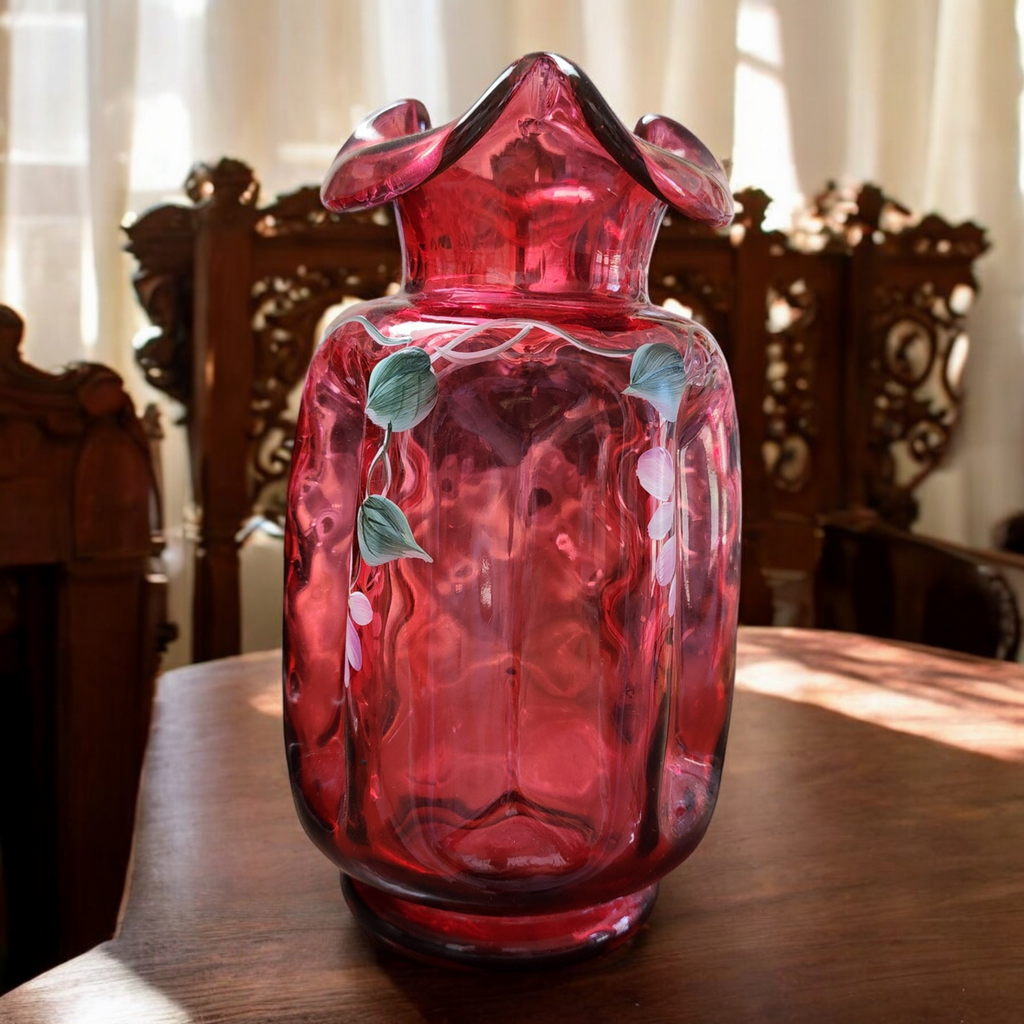 8" Fenton Country Cranberry Optic Ruby Hand Painted Signed Flower Vase