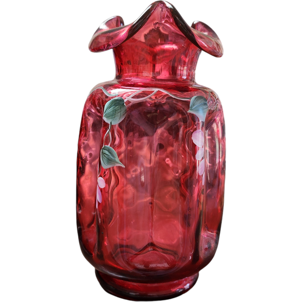 8" Fenton Country Cranberry Optic Ruby Hand Painted Signed Flower Vase