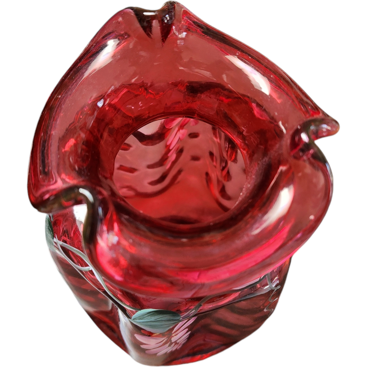 8" Fenton Country Cranberry Optic Ruby Hand Painted Signed Flower Vase