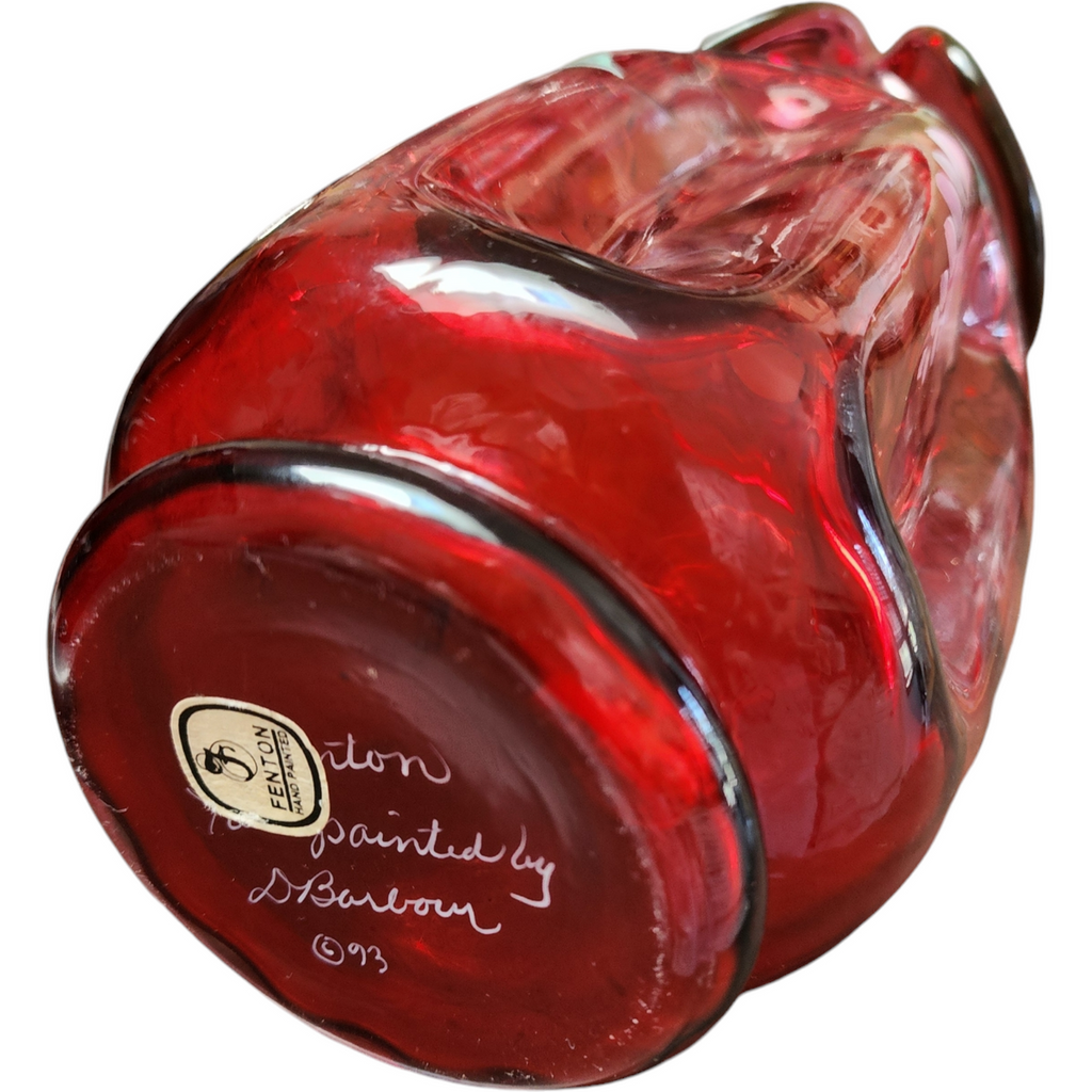 8" Fenton Country Cranberry Optic Ruby Hand Painted Signed Flower Vase