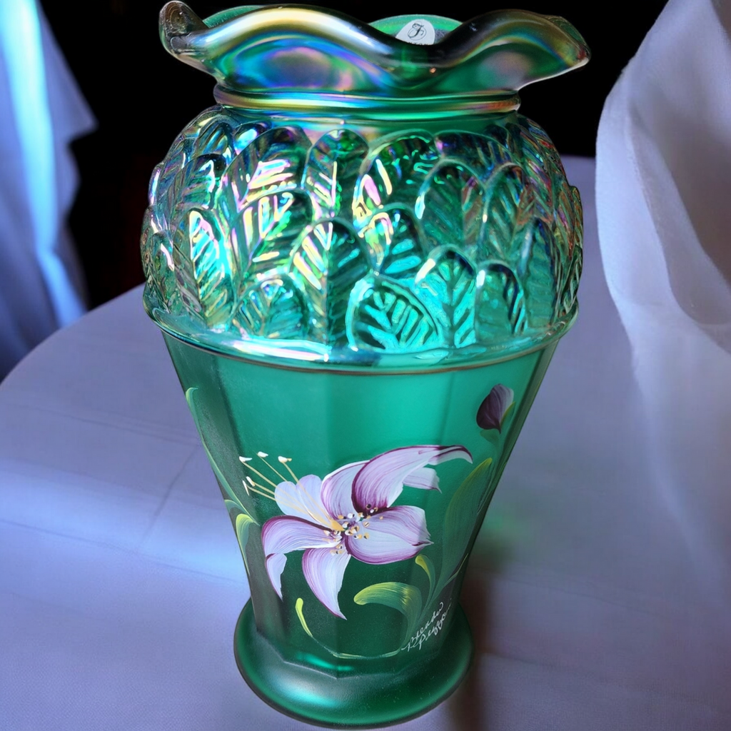 Fenton Emerald Green Iridescent Carnival Bill Fenton Signed Art Glass Vase