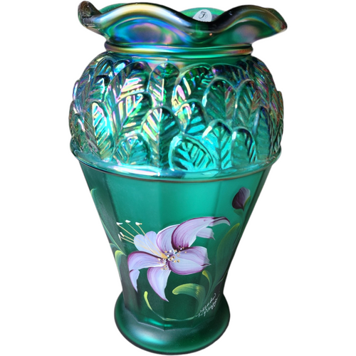 Fenton Emerald Green Iridescent Carnival Bill Fenton Signed Art Glass Vase