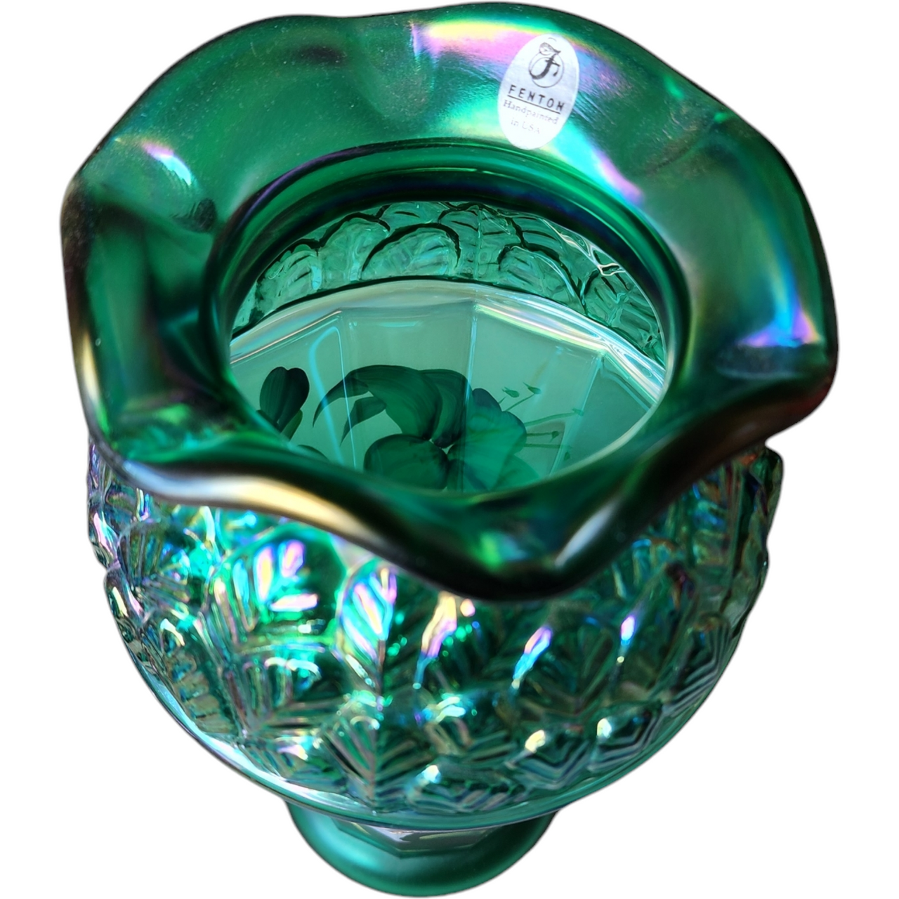 Fenton Emerald Green Iridescent Carnival Bill Fenton Signed Art Glass Vase