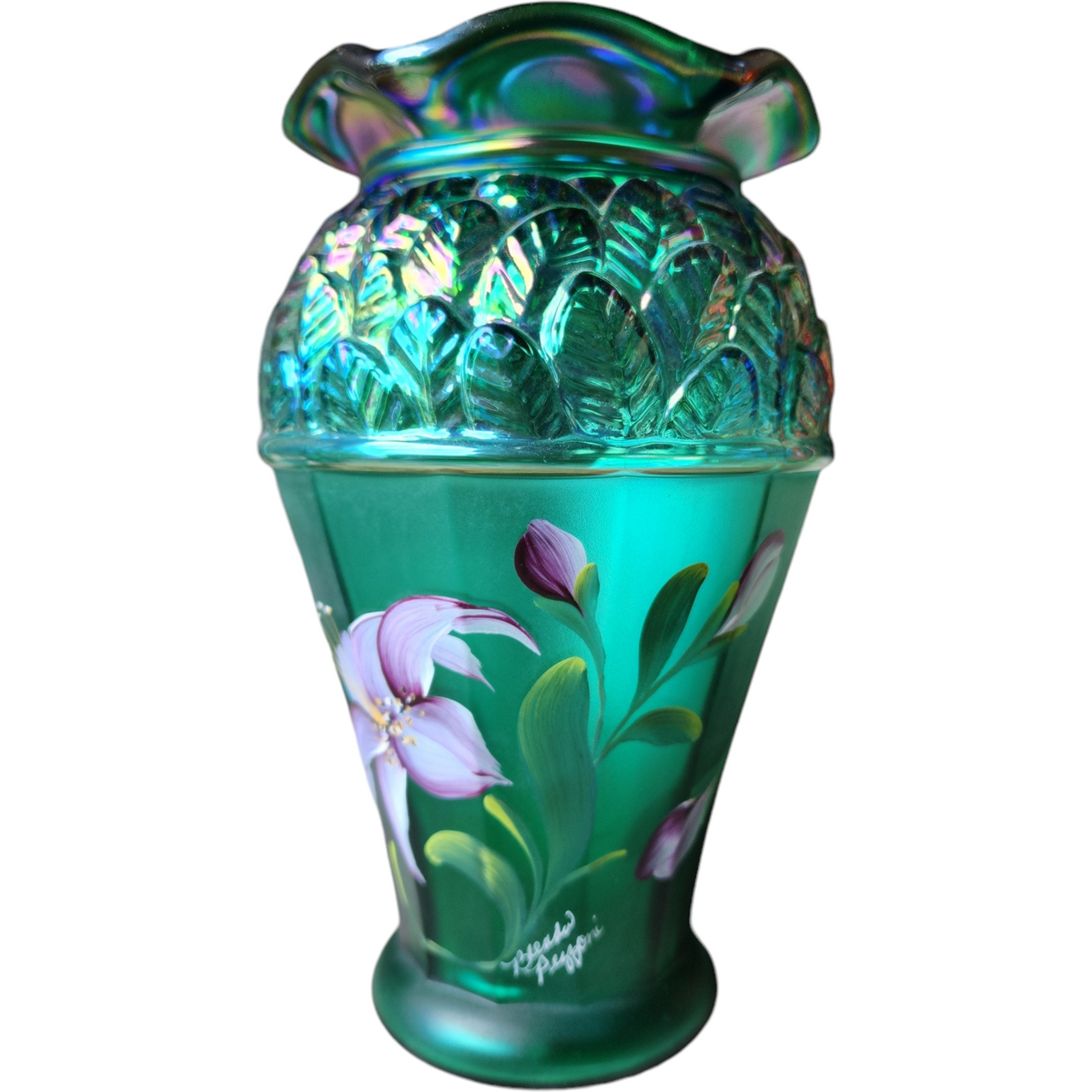 Fenton Emerald Green Iridescent Carnival Bill Fenton Signed Art Glass Vase